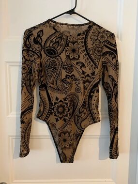 Net women's leotard or Paisley Print Long Sleeve Bodysuit - sheer Black on Taupe